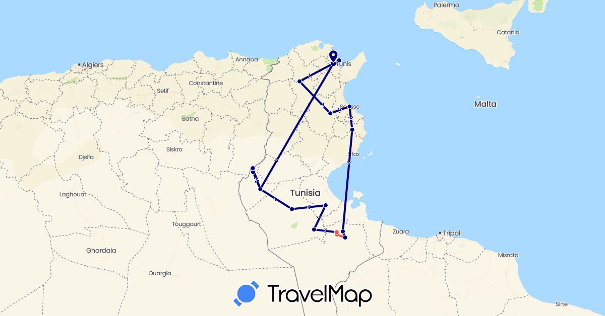 TravelMap itinerary: driving, hiking in Tunisia (Africa)